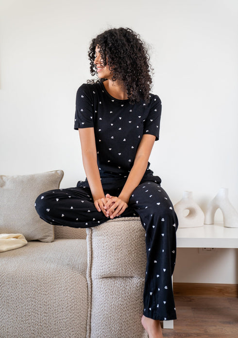 Women summer pajama set Black Hearts shirt + Pants